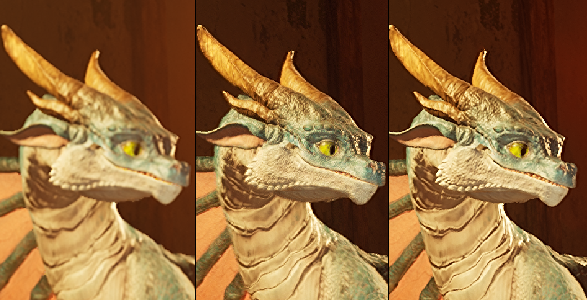 Um close-up nos visuais do Snapdragon Game Super Resolution 2 quando comparado à interpolação bilinear tradicional e resolução nativa